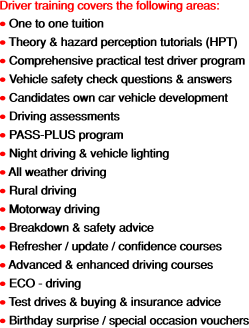Driver training covers the following areas: